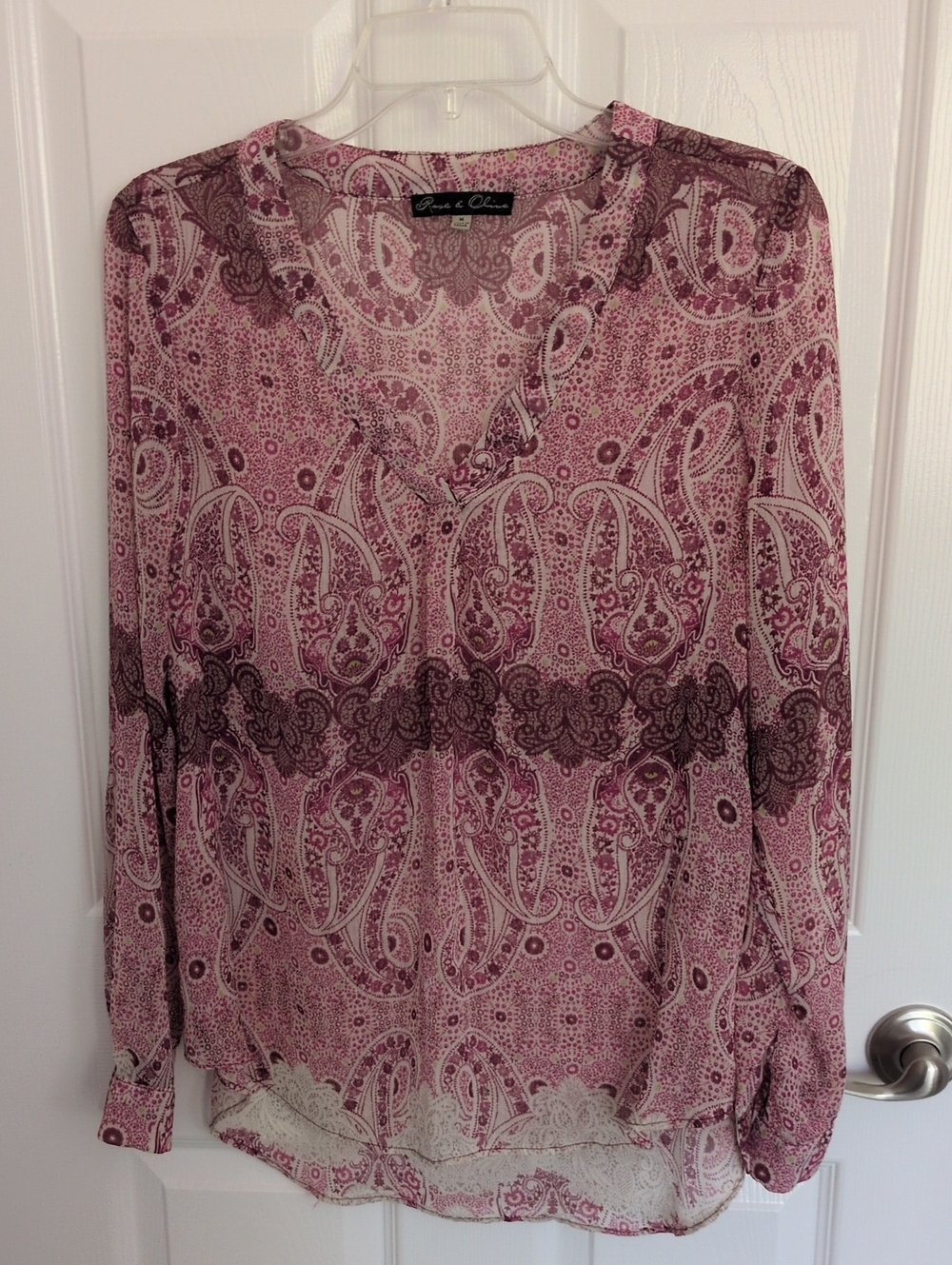Rose & Olive Pink Paisley Sheer V Neck Blouse - M